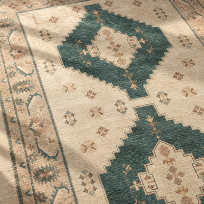 Apollo Orchard Passage Area Rug — Pine Green / Cream — pattern and surface detail in soft afternoon light. Digital visualization.