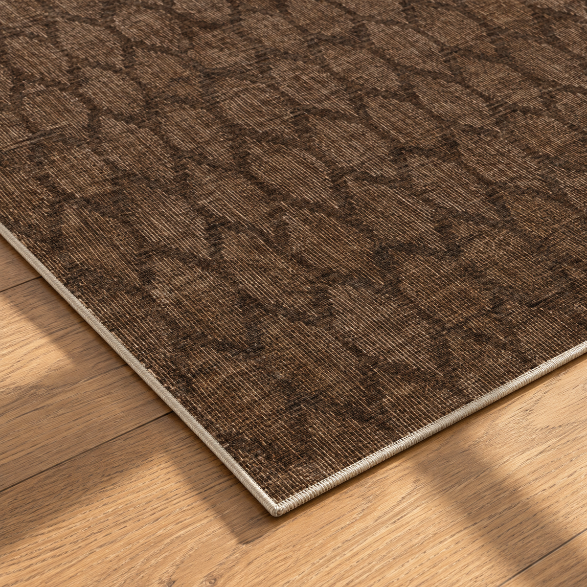 Apollo Brackenline Area Rug — Espresso / Beige — corner and edge detail in soft afternoon light. Digital visualization.