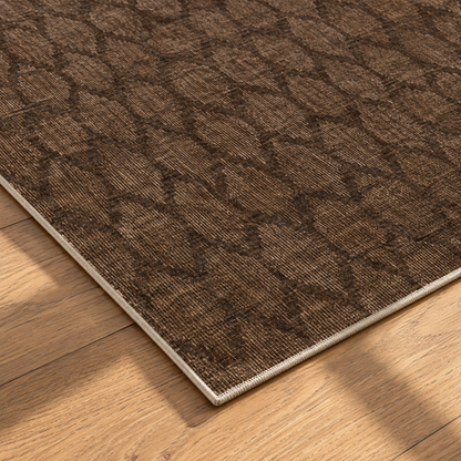 Apollo Brackenline Area Rug — Espresso / Beige — corner and edge detail in soft afternoon light. Digital visualization.