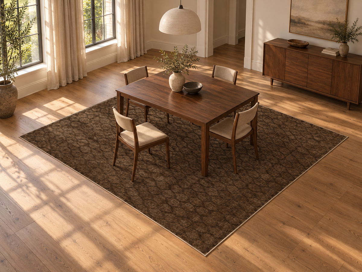 Apollo Brackenline Area Rug — Espresso / Beige — dining room in soft afternoon light. Digital visualization.