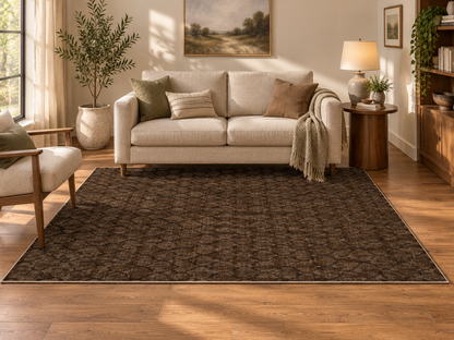 Apollo Brackenline Area Rug — Espresso / Beige — living room in soft afternoon light. Digital visualization.