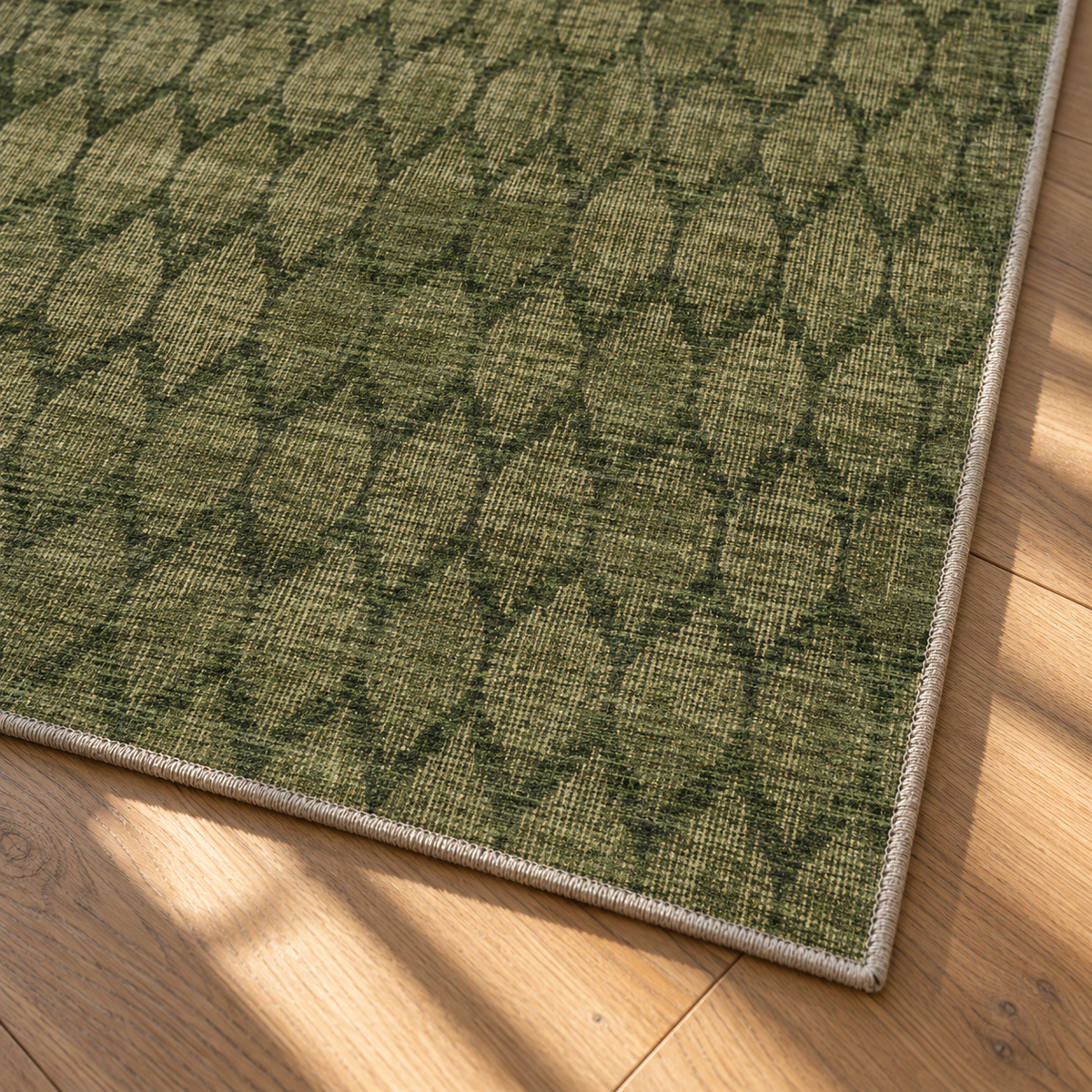 Apollo Brackenline Area Rug — Olive / Beige — corner and edge detail in soft afternoon light. Digital visualization.