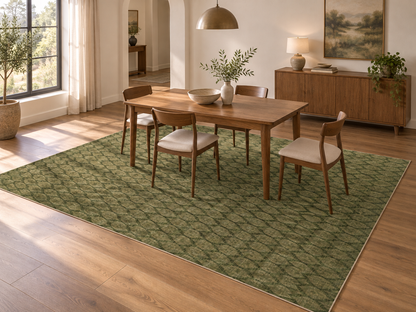 Apollo Brackenline Area Rug — Olive / Beige — dining room in soft afternoon light. Digital visualization.