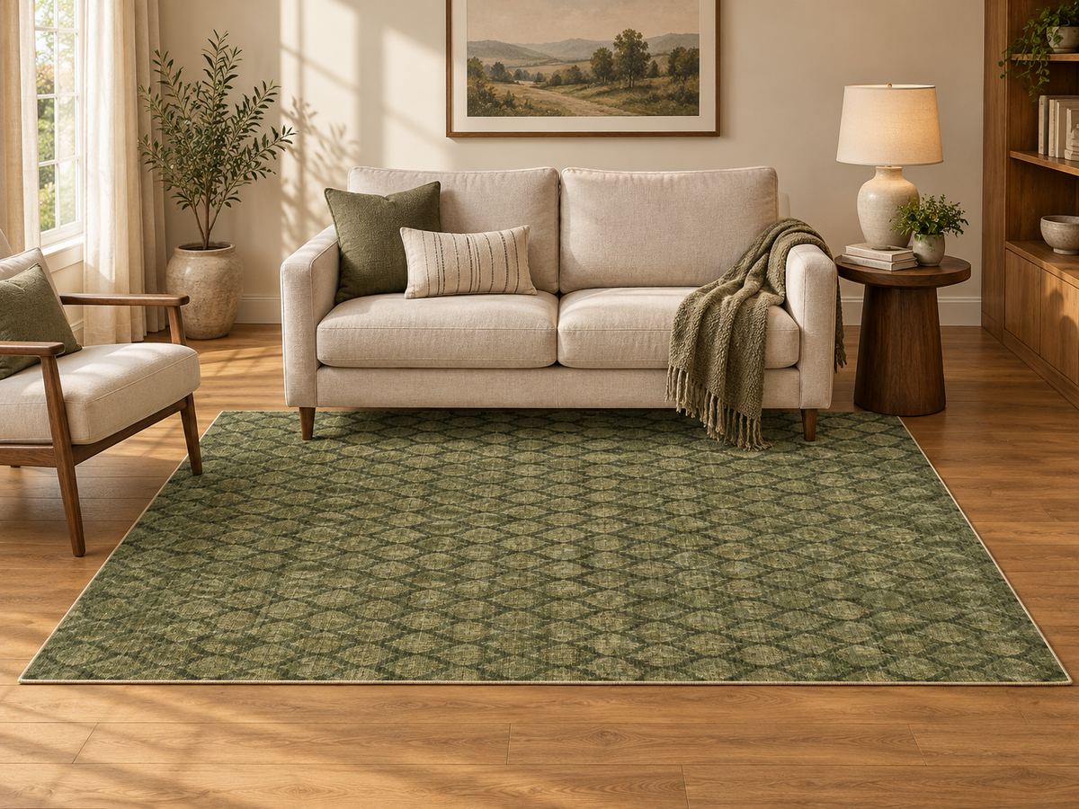 Apollo Brackenline Area Rug — Olive / Beige — living room in soft afternoon light. Digital visualization.