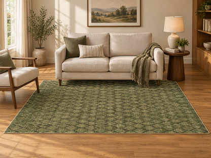 Apollo Brackenline Area Rug — Olive / Beige — living room in soft afternoon light. Digital visualization.