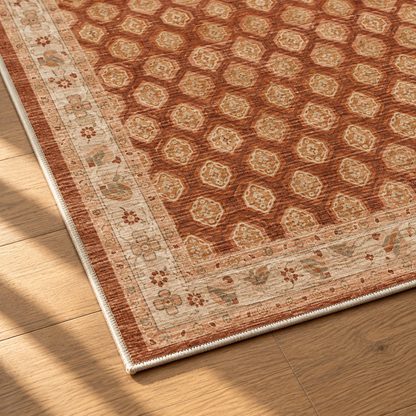 Apollo Filigree Lane Area Rug — Terracotta / Beige — corner and edge detail in soft afternoon light. Digital visualization.