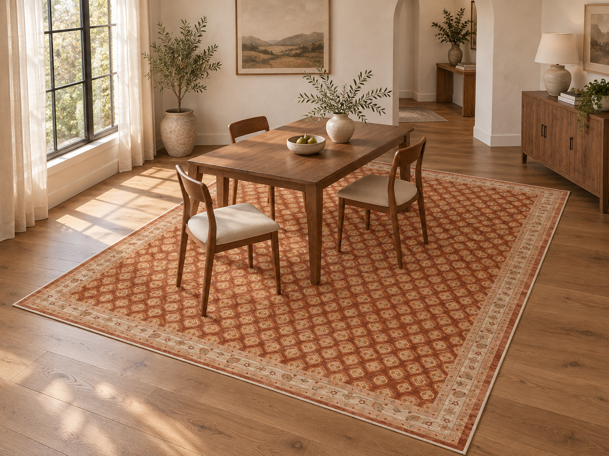 Apollo Filigree Lane Area Rug — Terracotta / Beige — dining room in soft afternoon light. Digital visualization.