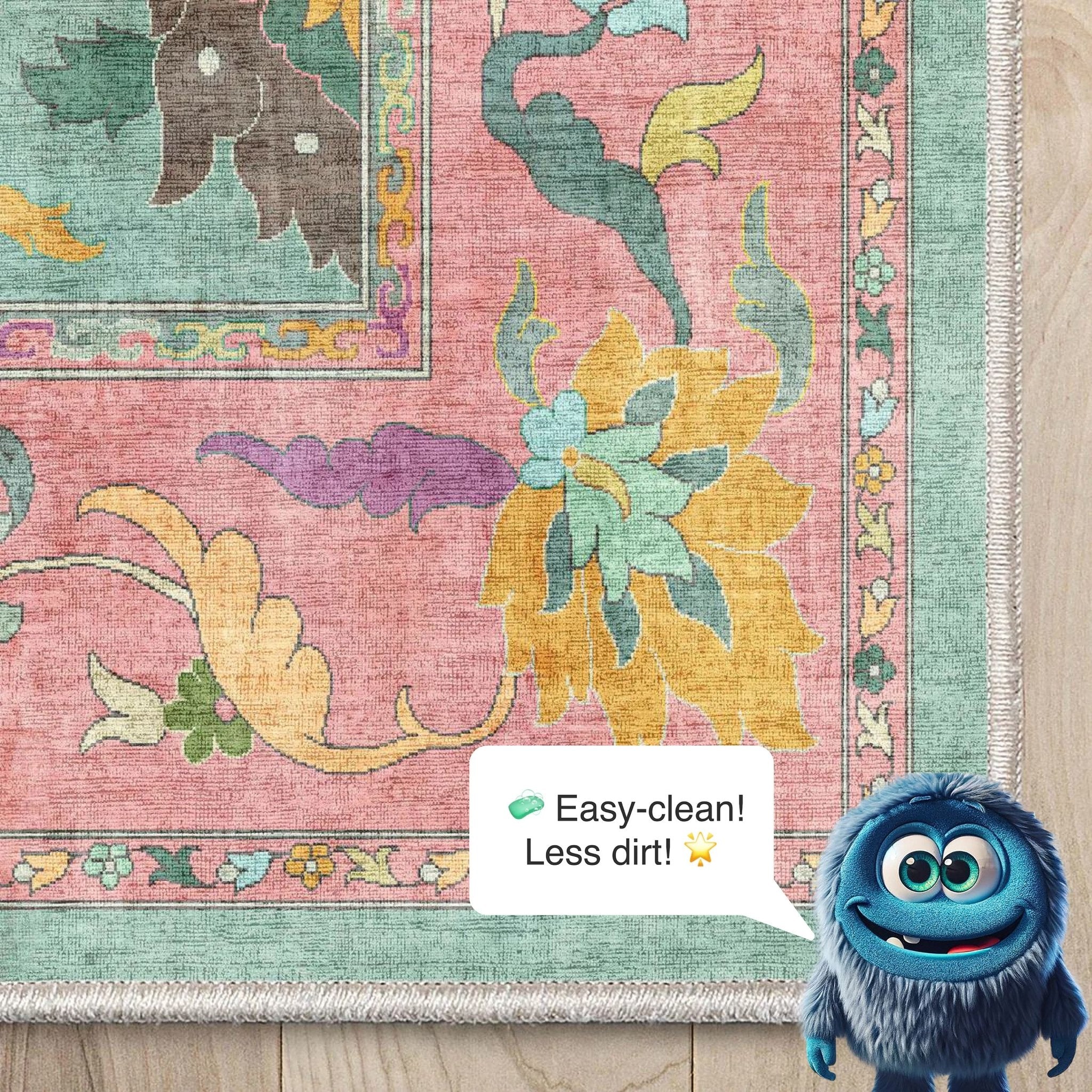 Detailed corner view of the Botanical Birds Ushak Rug showing intricate floral patterns and distressed, easy-to-clean texture.