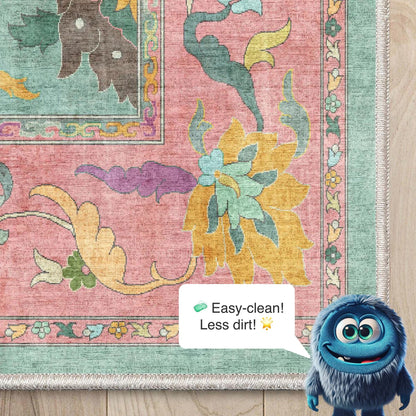 Detailed corner view of the Botanical Birds Ushak Rug showing intricate floral patterns and distressed, easy-to-clean texture.
