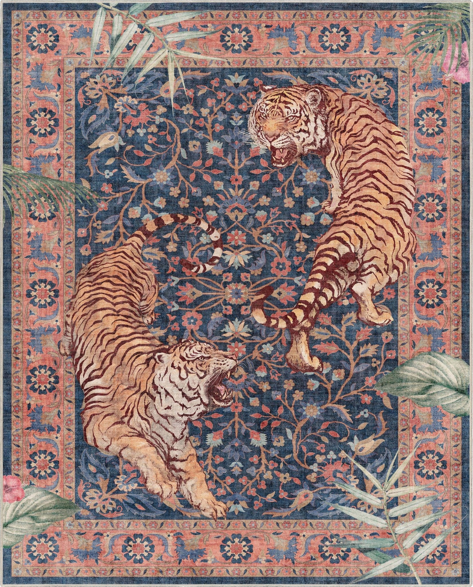 Overhead view of the Apollo Botanical Tiger Navy Washable Rug's floral and tiger rug pattern