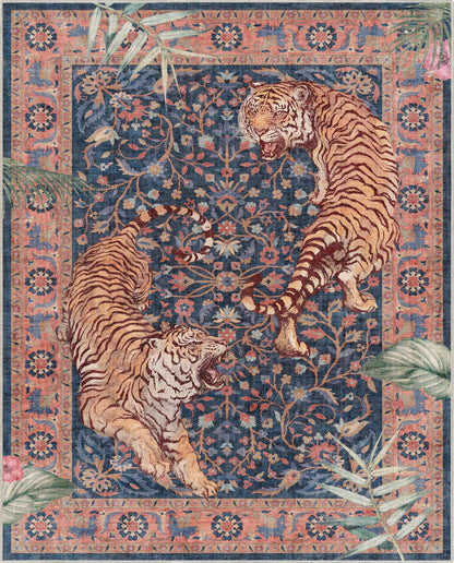 Overhead view of the Apollo Botanical Tiger Navy Washable Rug's floral and tiger rug pattern