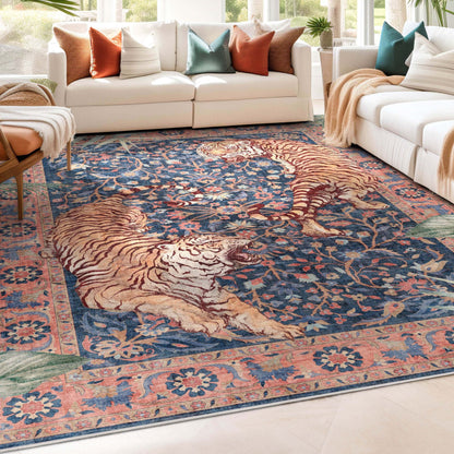 Navy tiger print washable area rug with botanical design in modern living room