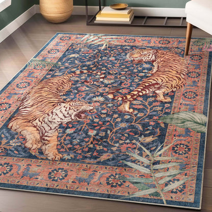 Washable tiger rug styled in living area with neutral wood floor and sunlight.