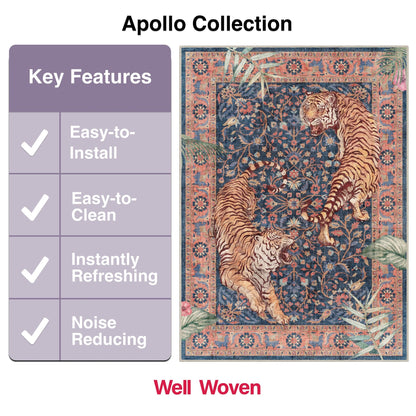 Apollo Botanical Tiger Navy Washable Rug overhead view with key features and benefits: easy to install, easy to clean, instantly refreshing, noise reducing