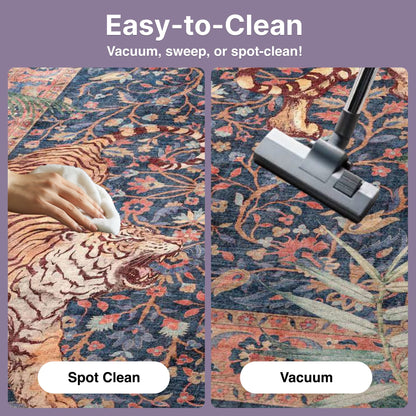 Close up views of the Apollo Botanical Tiger Navy Washable Rug being cleaned easily. Vacuum, sweep or spot-clean.