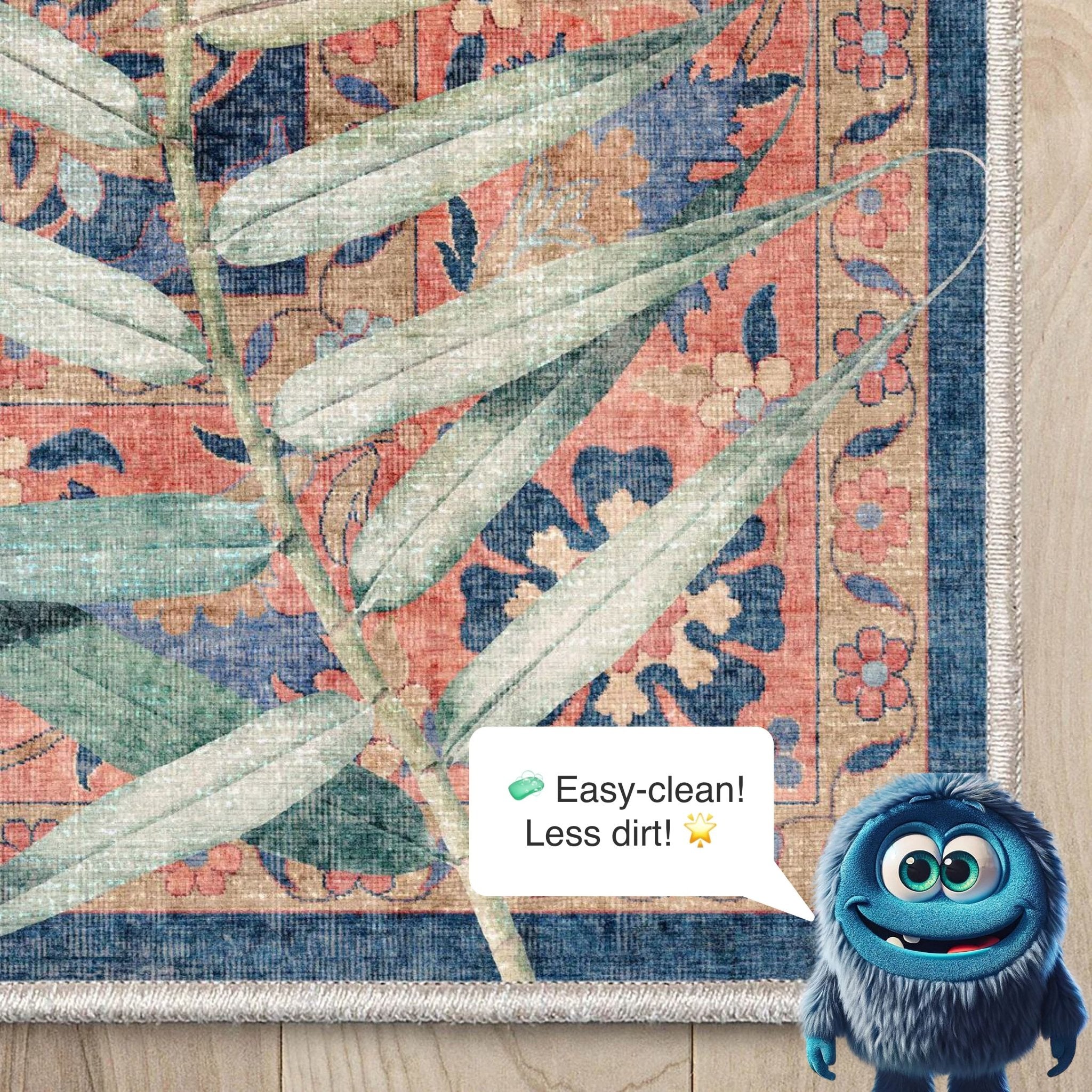 Flat-woven navy tiger botanical rug corner showcasing the thin, low-profile  and easy-to-clean construction