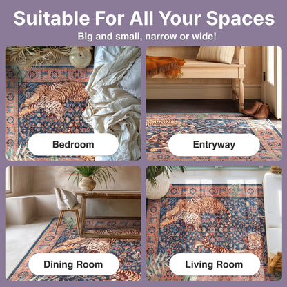 Tiger print navy low profile area rug in various room settings: boho bedroom, busy entryway, tropical dining room, bohemian living area