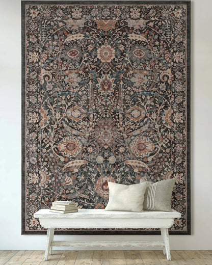 Liana Vintage Oriental Charcoal Grey Flat-Weave Rug Well Woven