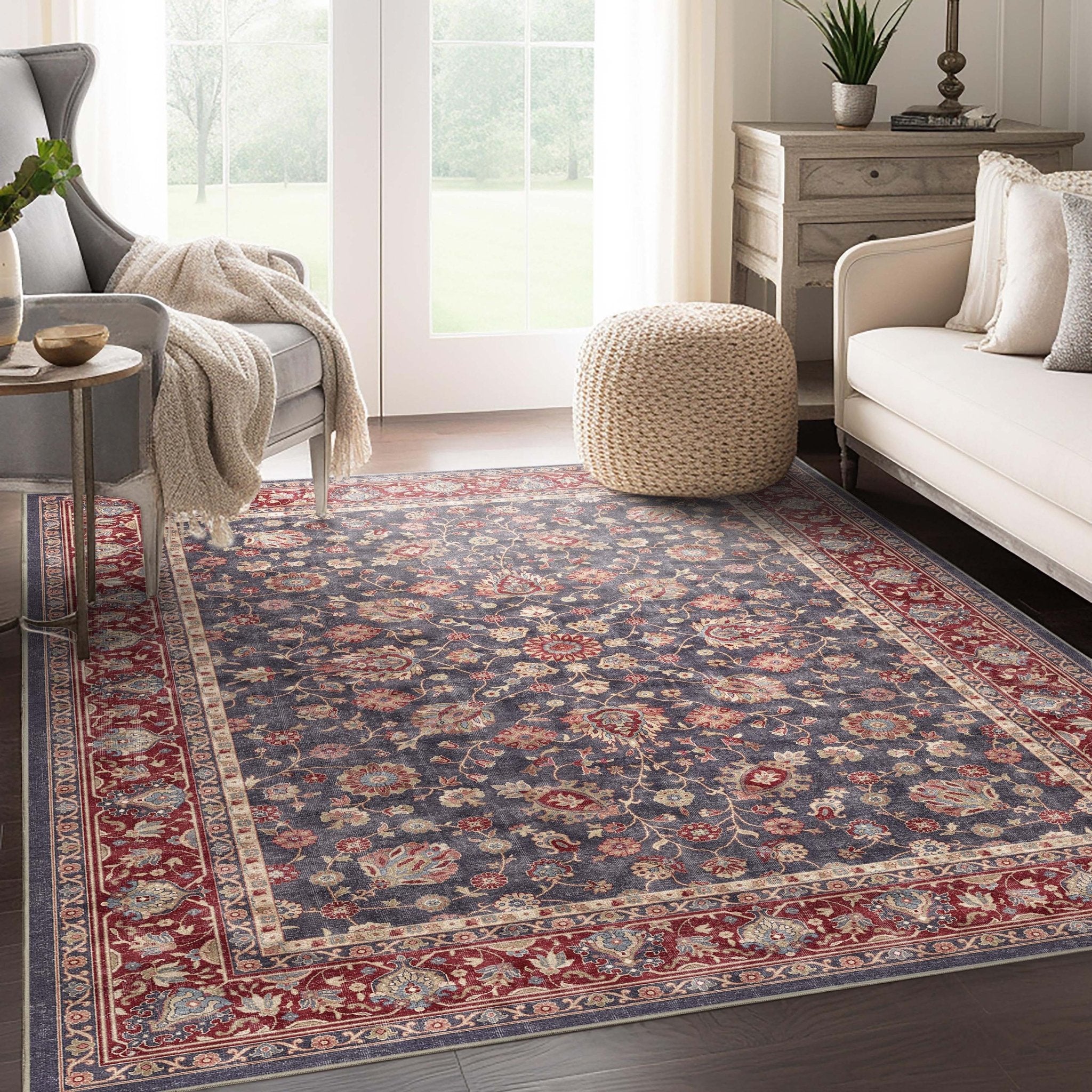 Navy Blue - Rome Vintage Oriental Floral Flat-Weave Rug - Well Woven - In a styled living room