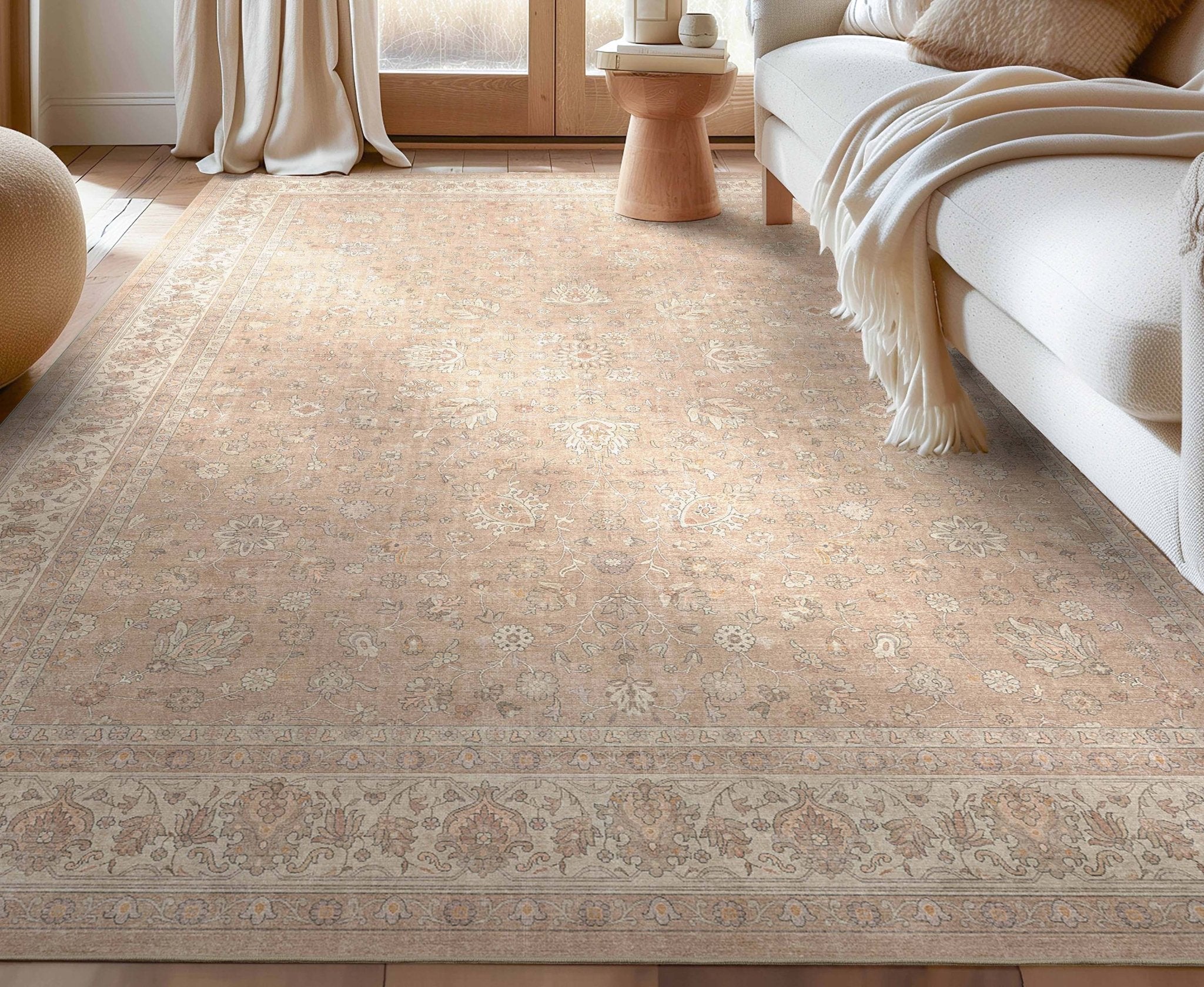 Beige Cream - Rome Vintage Oriental Floral Flat-Weave Rug - Well Woven