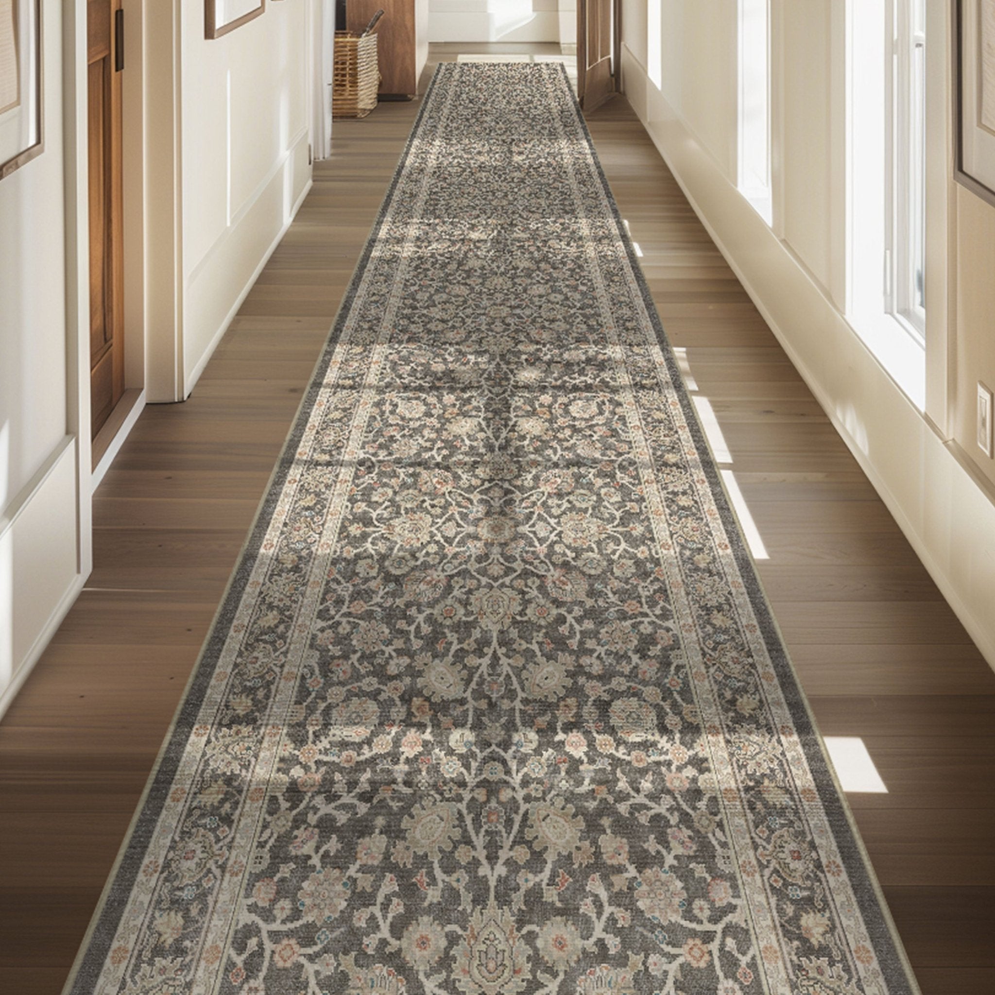 Custom Size Hallway & Stair Runner Rome Vintage Oriental Floral, Pastel Charcoal Brown Choose Your Width x Choose Your Runner Length Well Woven