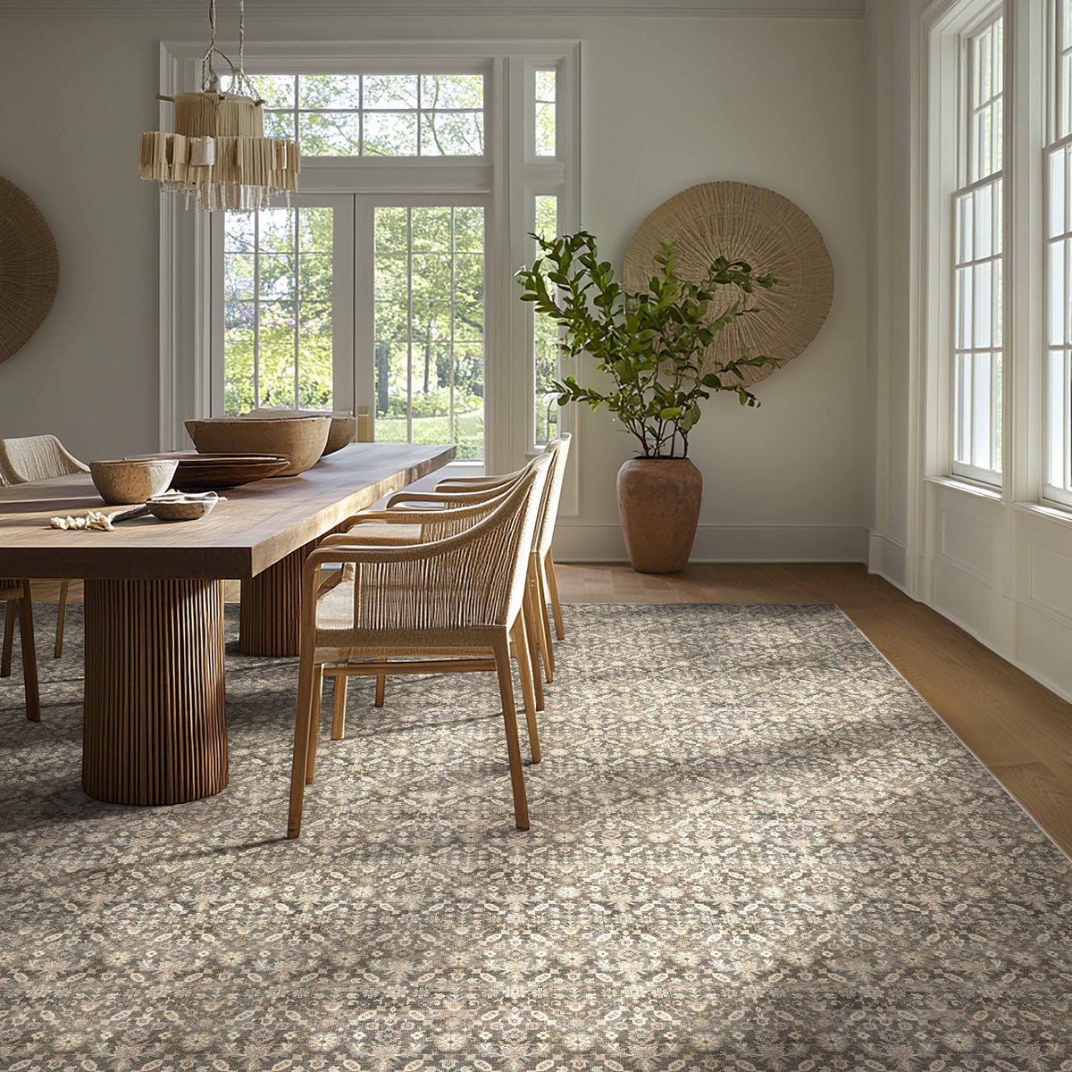Hilda Beige Grey custom rug in a sunlit dining room