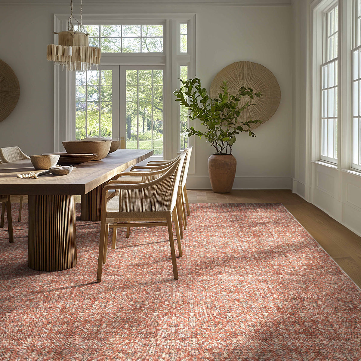 Hilda Red custom rug in a sunlit dining room
