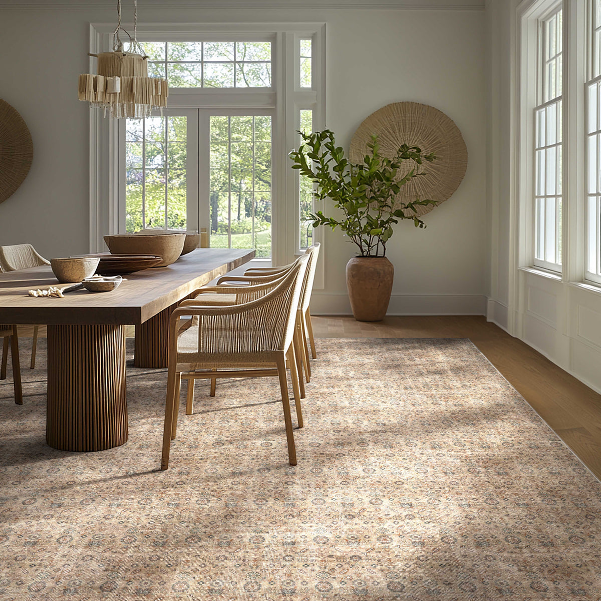 Hilda Beige Tan custom rug in a sunlit dining room