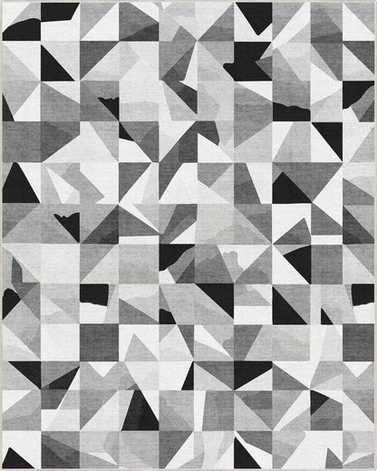 Mid-Century Modern Geometric Black & White Mosaic Pattern Flat Pile Rug Well Woven