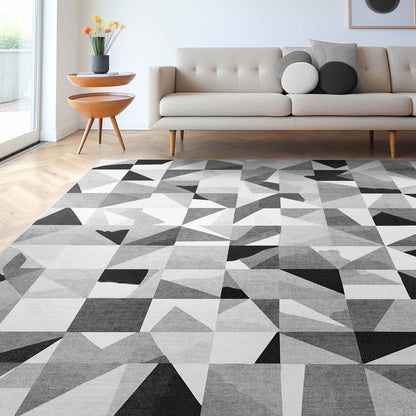 Mid-Century Modern Geometric Black & White Mosaic Pattern Flat Pile Rug Well Woven