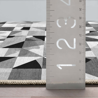 Mid-Century Modern Geometric Black & White Mosaic Pattern Flat Pile Rug Well Woven