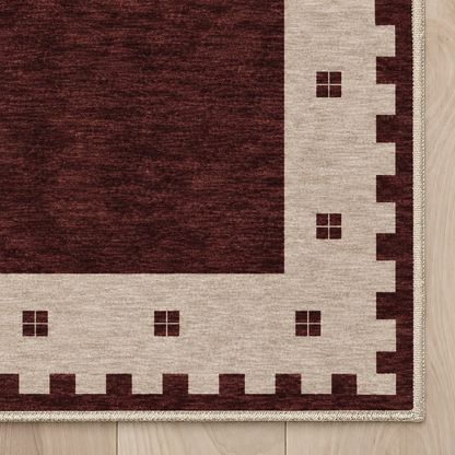 Top-down Apollo Evening Frame in Burgundy / Cream: chenille corner and cream serged edge — digital material visualization, not a finished-rug photograph.