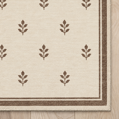 Top-down Apollo Little Orchard in Brown / Cream: chenille corner and cream serged edge — digital material visualization, not a finished-rug photograph.