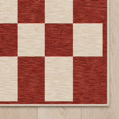 Top-down Apollo Sunday Check in Red / Cream: chenille corner and cream serged edge — digital material visualization, not a finished-rug photograph.
