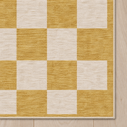Top-down Apollo Sunday Check in Mustard / Cream: chenille corner and cream serged edge — digital material visualization, not a finished-rug photograph.