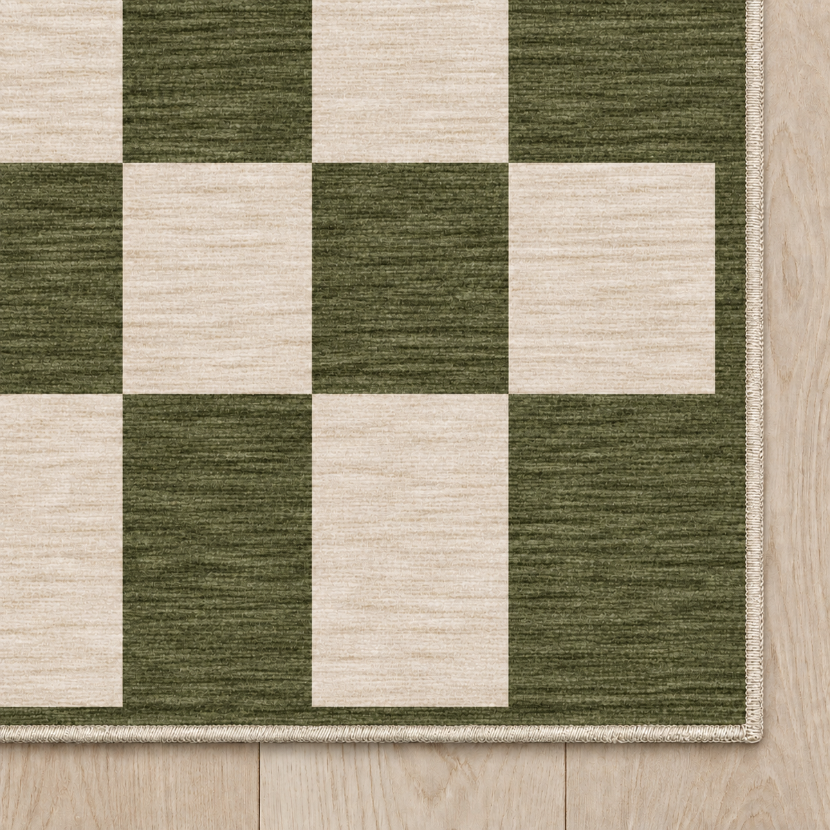 Top-down Apollo Sunday Check in Olive / Cream: chenille corner and cream serged edge — digital material visualization, not a finished-rug photograph.