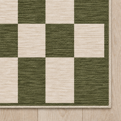 Top-down Apollo Sunday Check in Olive / Cream: chenille corner and cream serged edge — digital material visualization, not a finished-rug photograph.