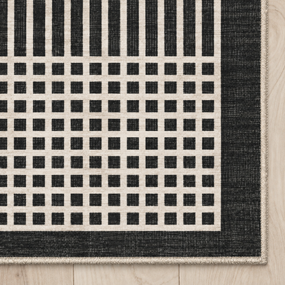 Top-down Apollo Crossline Study in Charcoal / Cream: chenille corner and cream serged edge — digital material visualization, not a finished-rug photograph.