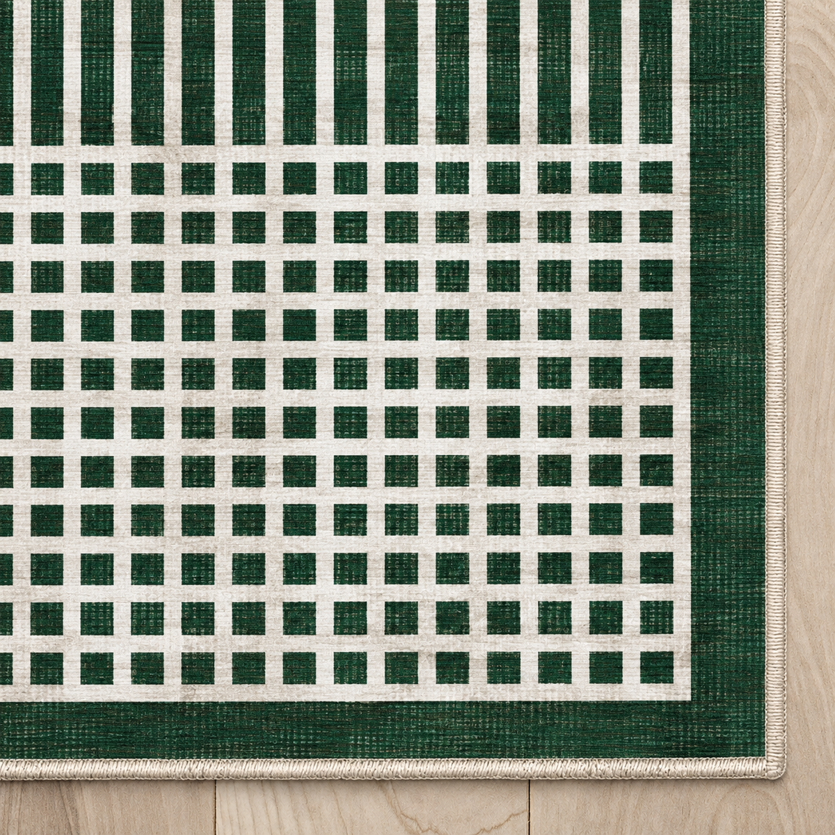 Top-down Apollo Crossline Study in Pine Green / Cream: chenille corner and cream serged edge — digital material visualization, not a finished-rug photograph.