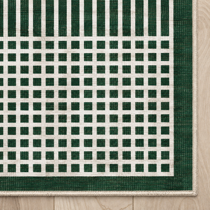 Top-down Apollo Crossline Study in Pine Green / Cream: chenille corner and cream serged edge — digital material visualization, not a finished-rug photograph.