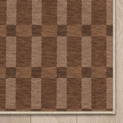 Top-down Apollo Pavilion Step in Light Brown / Taupe: chenille corner and cream serged edge — digital material visualization, not a finished-rug photograph.