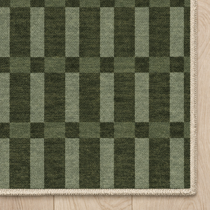 Top-down Apollo Pavilion Step in Green / Sage: chenille corner and cream serged edge — digital material visualization, not a finished-rug photograph.