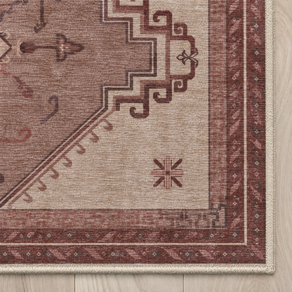 Top-down Apollo Wayfarer Court in Dusty Burgundy / Beige: chenille corner and cream serged edge — digital material visualization, not a finished-rug photograph.
