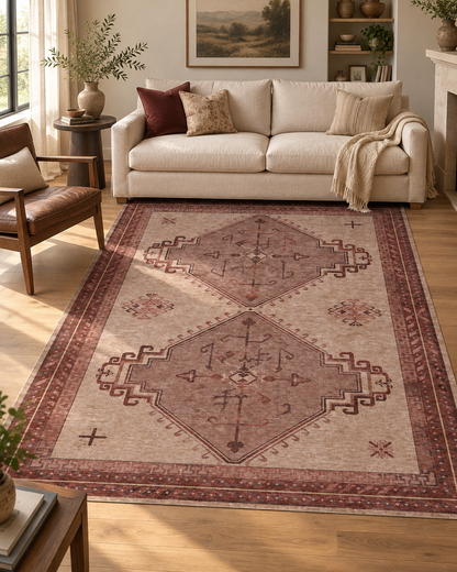 Apollo Wayfarer Court with a beige edge, styled in a living room; digital room visualization