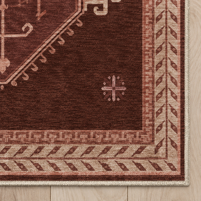 Top-down Apollo Wayfarer Court in Deep Burgundy / Beige: chenille corner and cream serged edge — digital material visualization, not a finished-rug photograph.