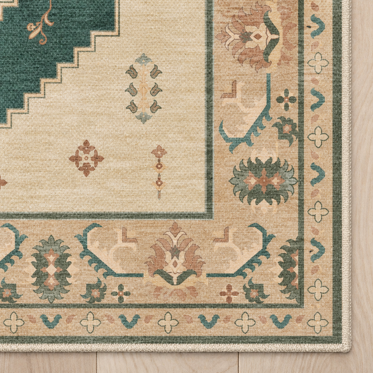 Top-down Apollo Orchard Passage in Pine Green / Cream: chenille corner and cream serged edge — digital material visualization, not a finished-rug photograph.