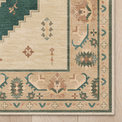 Top-down Apollo Orchard Passage in Pine Green / Cream: chenille corner and cream serged edge — digital material visualization, not a finished-rug photograph.