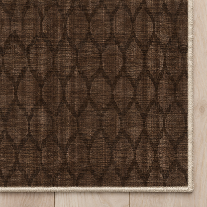 Top-down Apollo Brackenline in Espresso / Beige: chenille corner and cream serged edge — digital material visualization, not a finished-rug photograph.