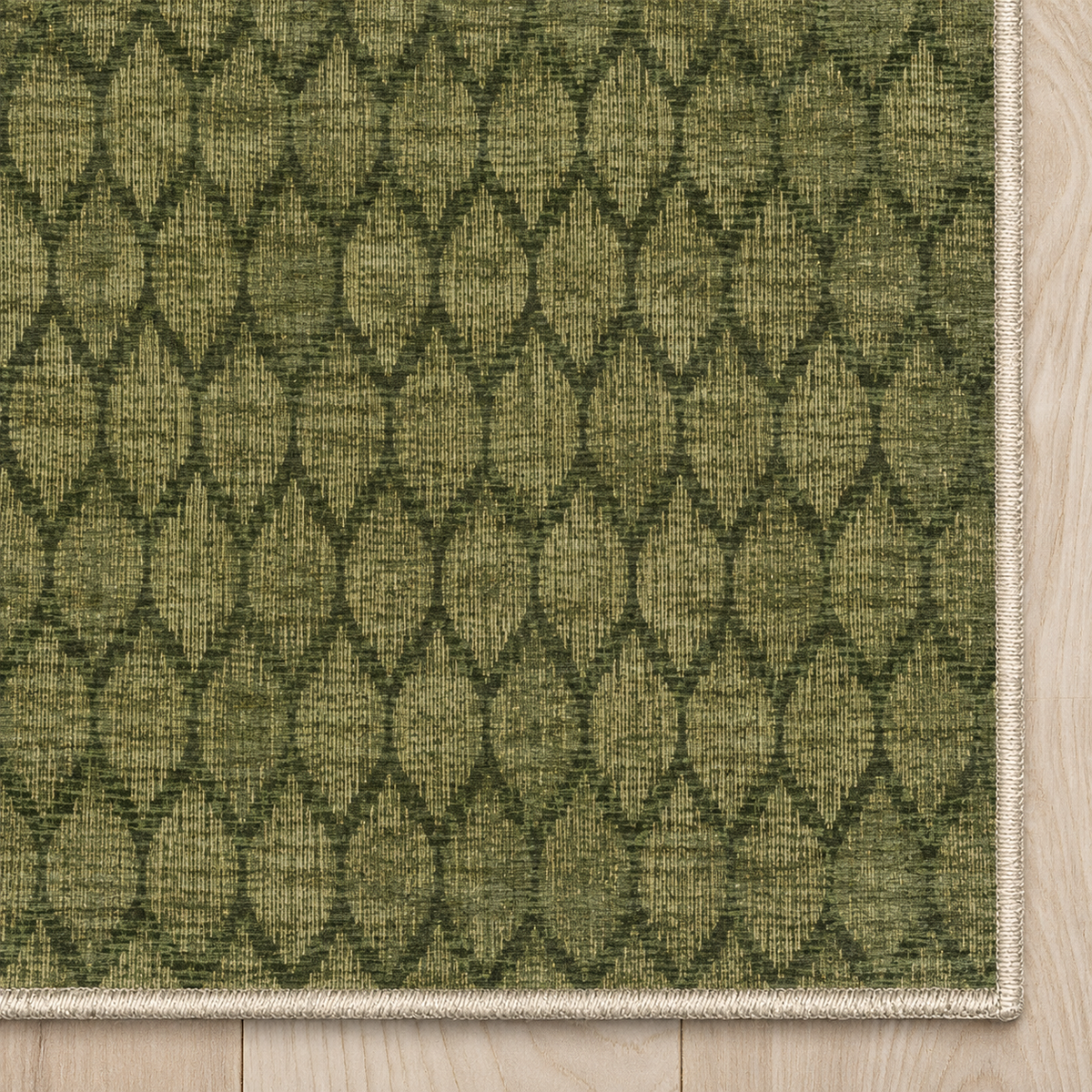 Top-down Apollo Brackenline in Olive / Beige: chenille corner and cream serged edge — digital material visualization, not a finished-rug photograph.