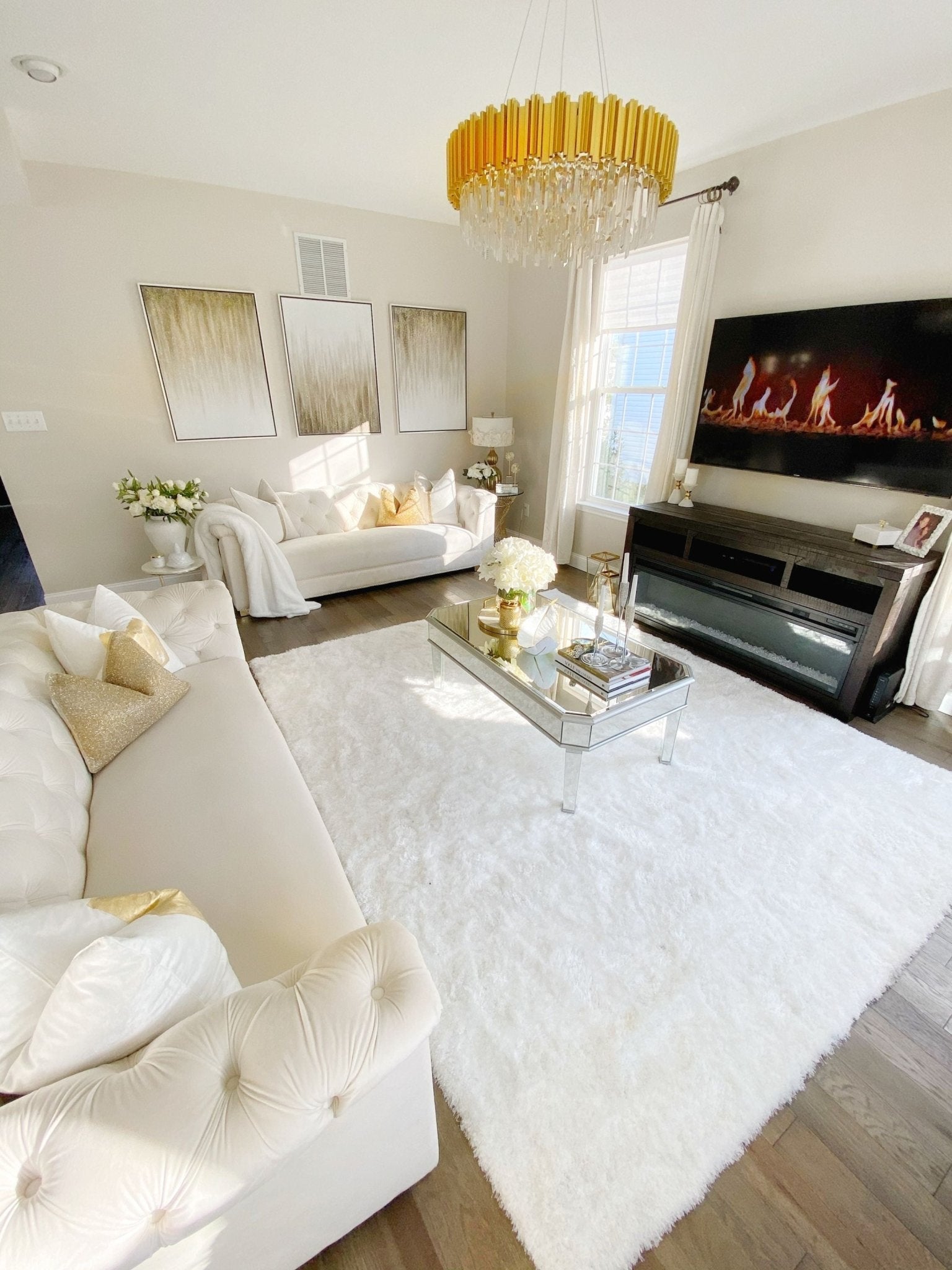 Feather Liza Made-to-Measure Soft-Luster Shag Rug — Powder White — Feather Collection Liza  White Shag Rug –   Sparkly, Plush, Minimalist Glam - Well Woven - white shag rug in a glam living room